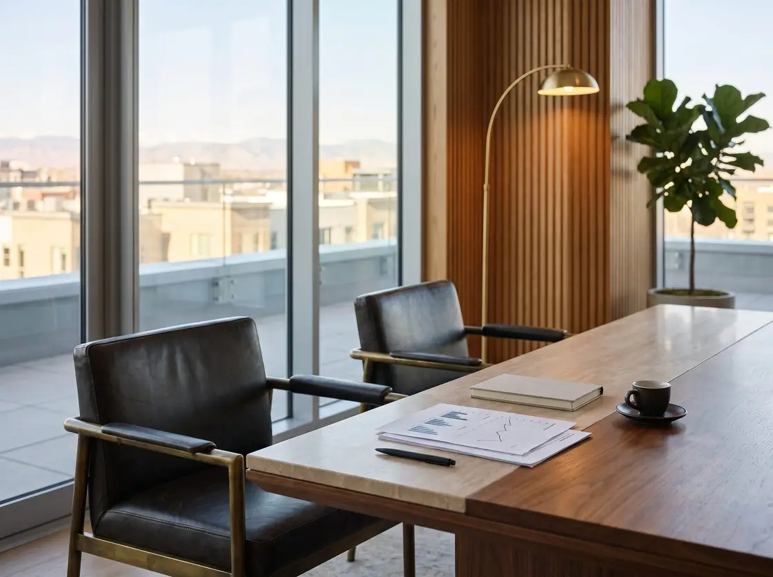 Two leather chairs at a walnut table set with printed financial statements, in a high-floor Denver lounge with the Front Range through the glass