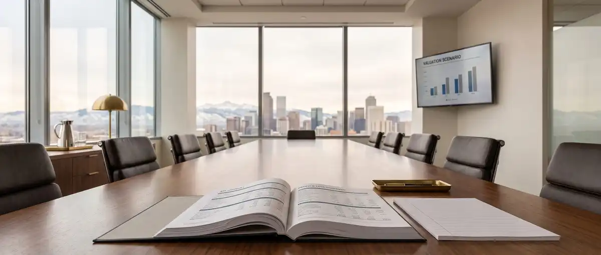 A monthly board reporting pack open at the head of a Denver boardroom table, with a valuation scenario model on the wall screen and the Front Range through the glass