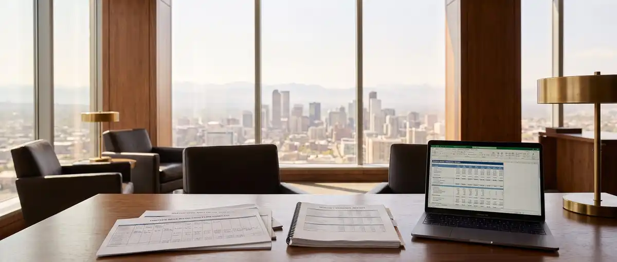 A thirteen-week rolling cash-flow forecast annotated in ink beside a monthly variance report and a laptop running a driver-based model, on a walnut desk high above downtown Denver