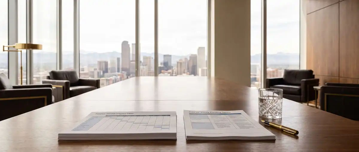 A twelve-month capital plan and a debt-versus-equity funding term comparison laid out on a walnut table in a high-floor Denver office, the downtown skyline through the glass beyond