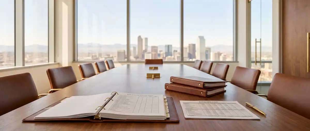 A tabbed diligence binder open to a quality-of-earnings adjustment schedule beside a working-capital analysis, on a long walnut table in a high-floor Denver office