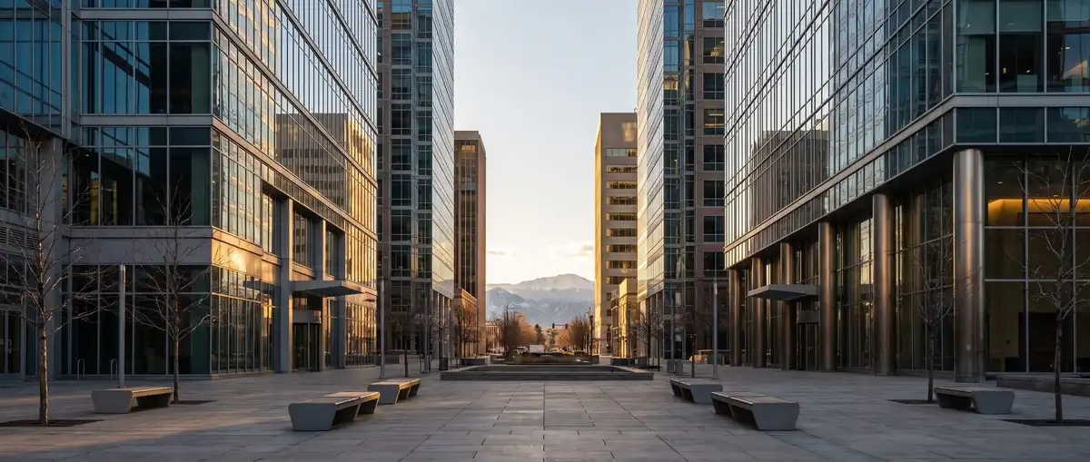 The Denver central business district at golden hour, a corridor of glass-and-steel office towers opening onto the Front Range