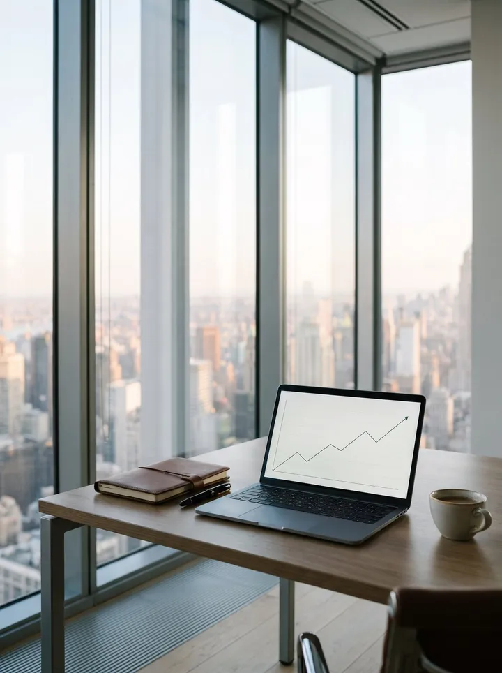 An advisor's desk with financial planning documents and a laptop