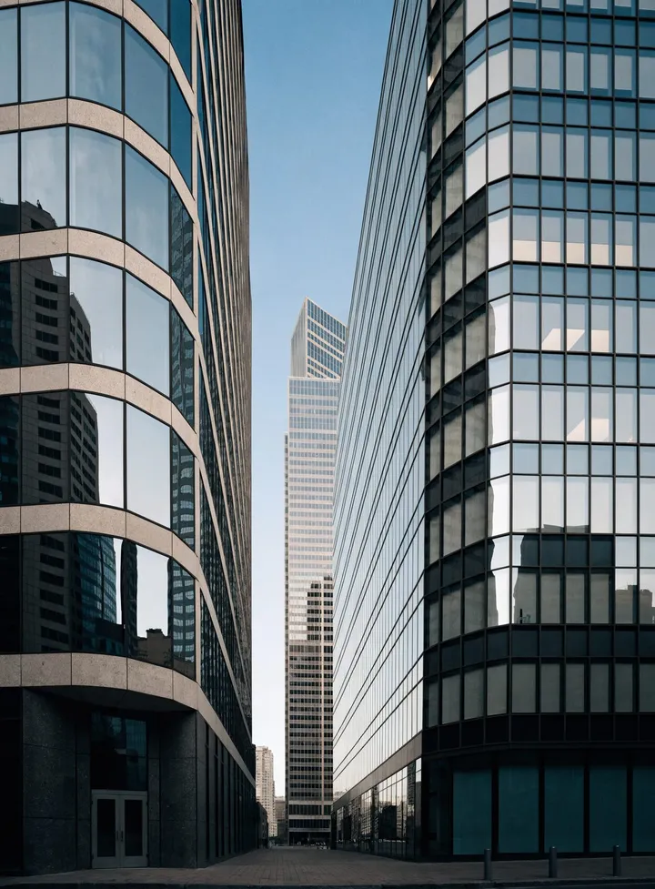 Downtown high-rise commercial office towers seen from street level
