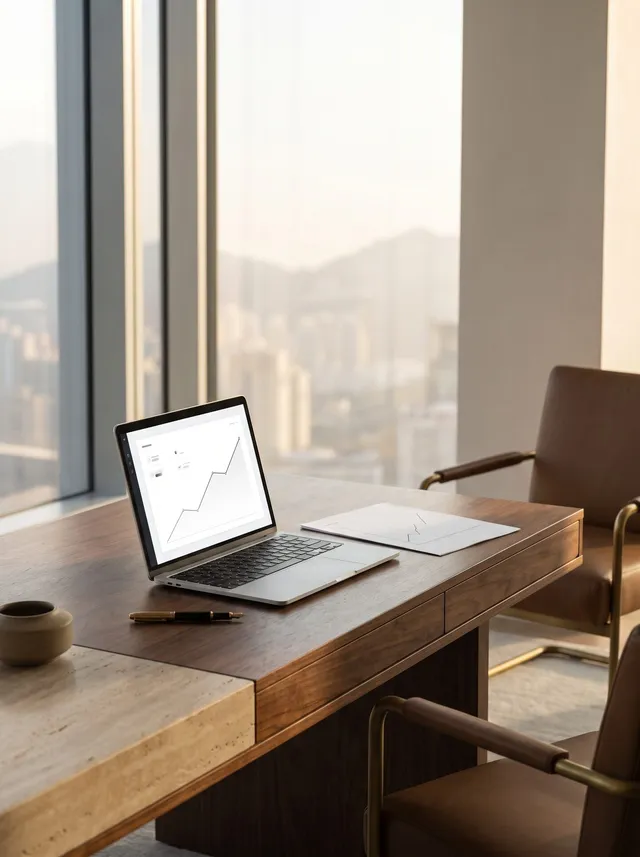 A walnut and travertine desk in a high-floor office, a laptop showing a clean line-chart dashboard beside a printed forecast page