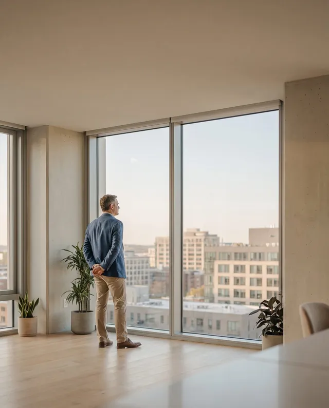A founder stands at a floor-to-ceiling office window in morning light, looking out over the city