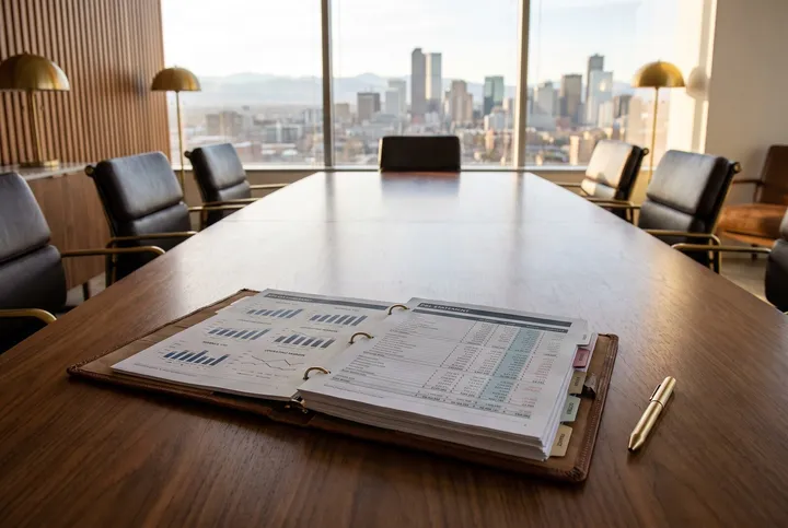 A monthly board reporting pack open on a Denver boardroom table, a KPI dashboard facing a profit-and-loss statement across the spread