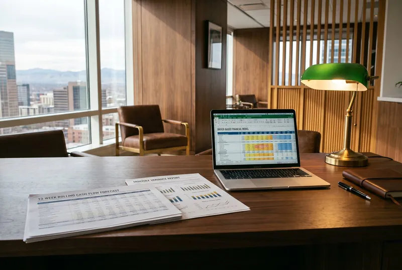 A thirteen-week rolling cash-flow forecast and a monthly variance report spread on a walnut desk beside a laptop running a driver-based financial model