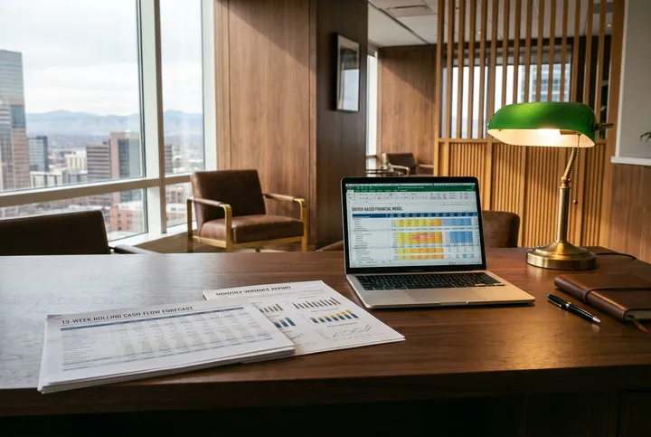 A thirteen-week rolling cash-flow forecast and a monthly variance report spread on a walnut desk beside a laptop running a driver-based financial model