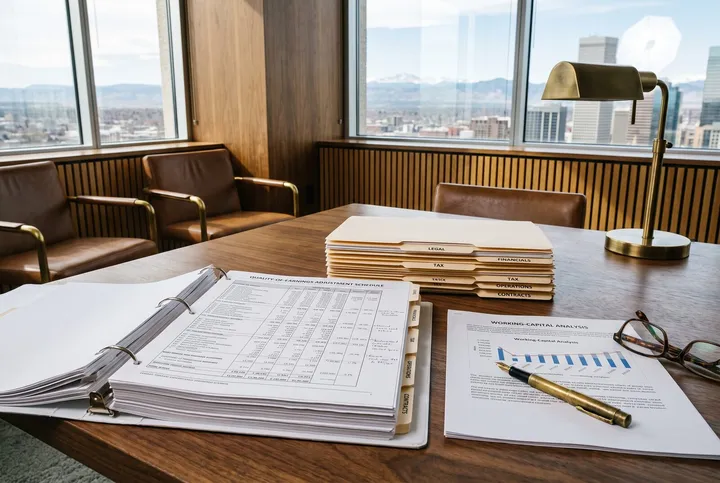 An exit-readiness diligence binder open to a quality-of-earnings adjustment schedule, beside tabbed data-room folders and a working-capital analysis