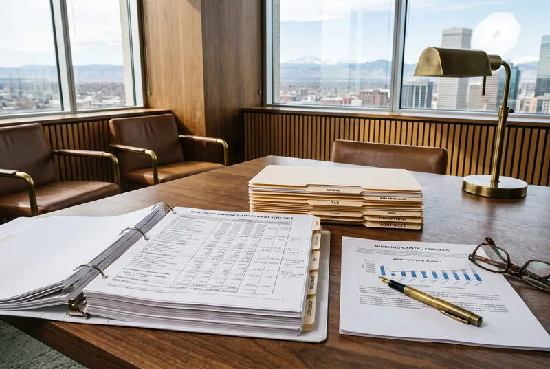 An exit-readiness diligence binder open to a quality-of-earnings adjustment schedule, beside tabbed data-room folders and a working-capital analysis